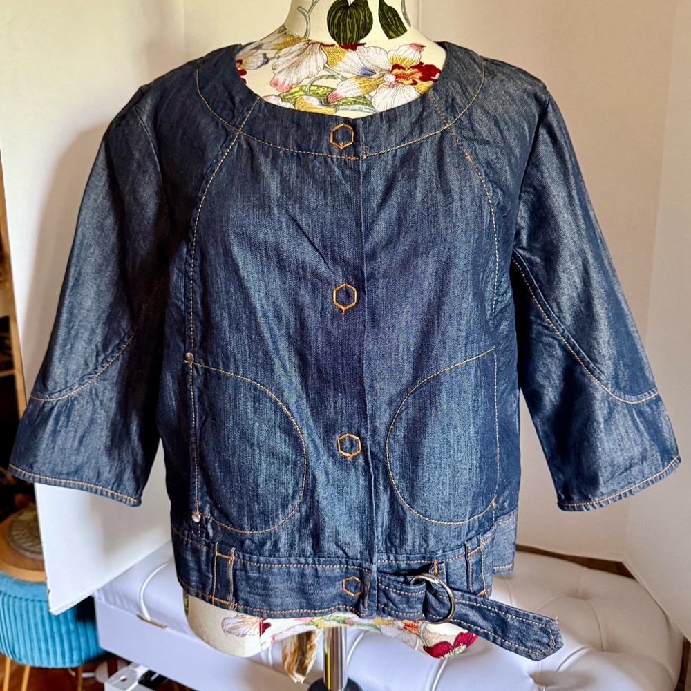 APOSTROPHE JACKET RAGLAN SLEEVE BLUE DENIM MAGNETIC SILVER BUTTONS BELTED SZ 10P - Picture 2 of 5